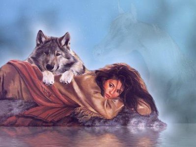 girl and wolf - painting, woman, indian, wolf, girl.jpg